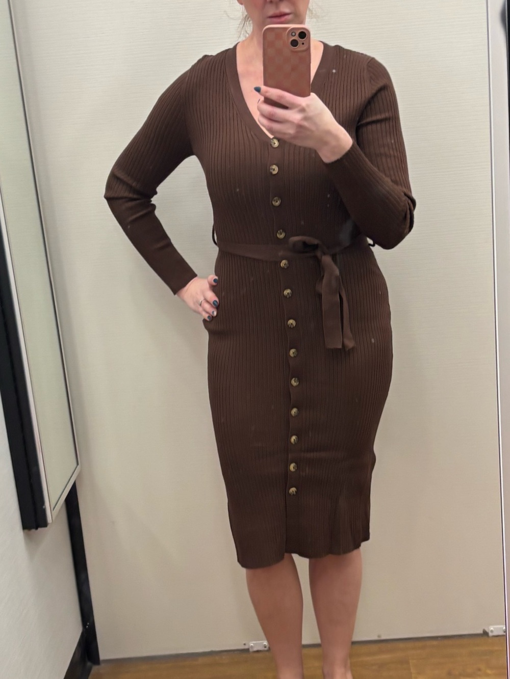 Ribbed Button-Front Brown Knit Midi Dress